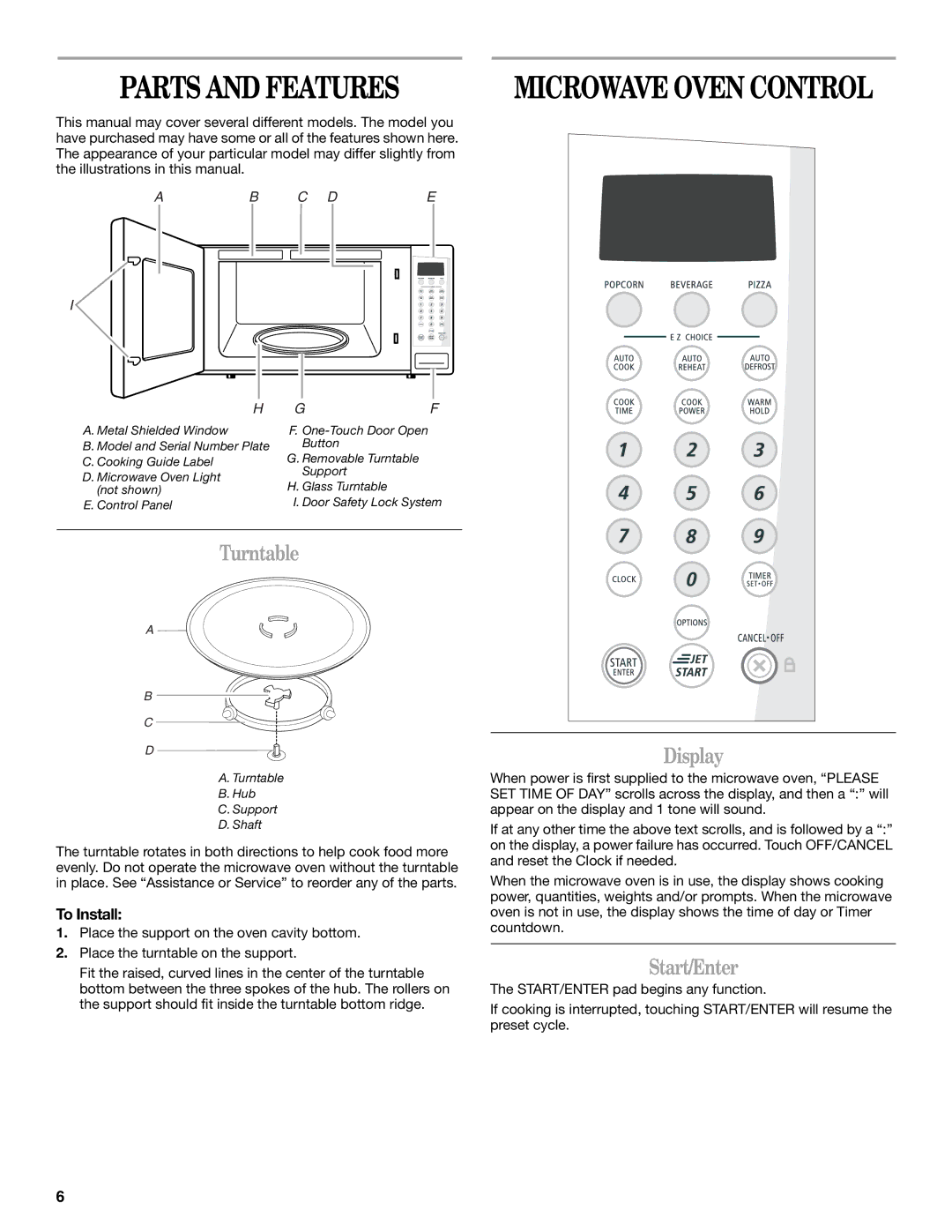 Whirlpool MT1120SL manual Parts and Features, Turntable, Display, Start/Enter, To Install 