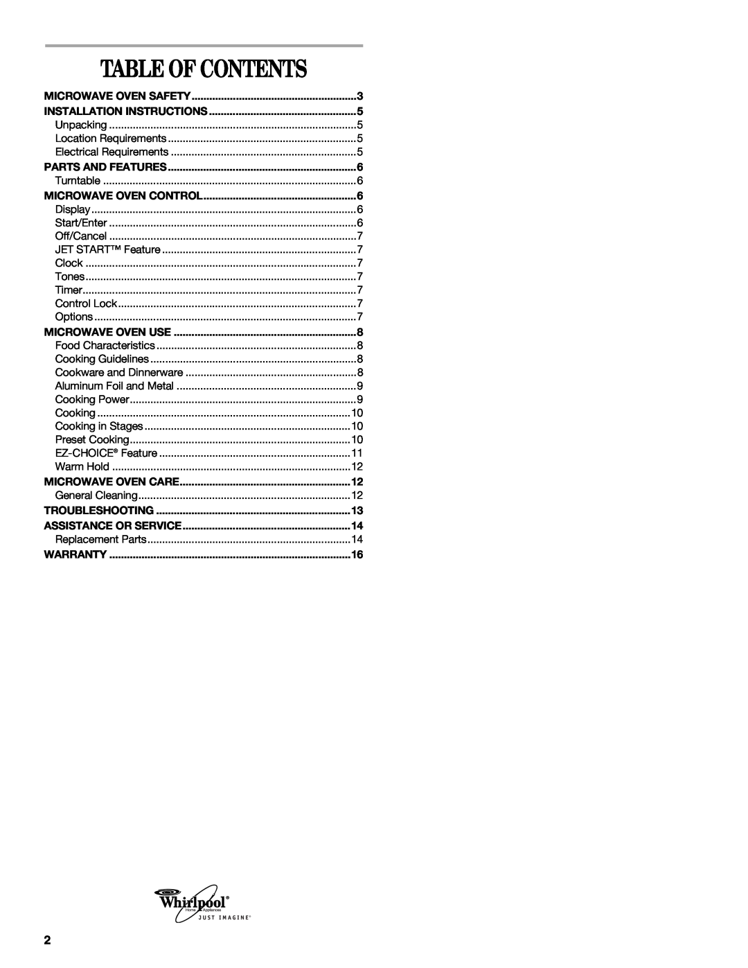 Whirlpool MT1120SL manual Table Of Contents 