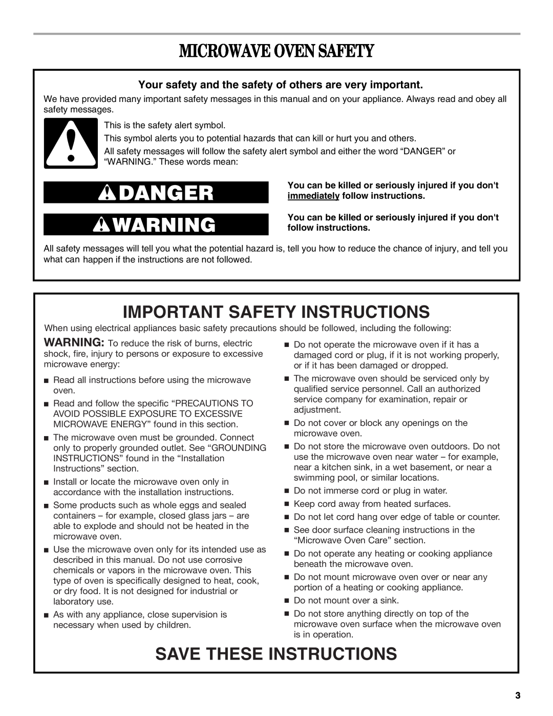Whirlpool MT1120SL manual Microwave Oven Safety, Important Safety Instructions, Save These Instructions 
