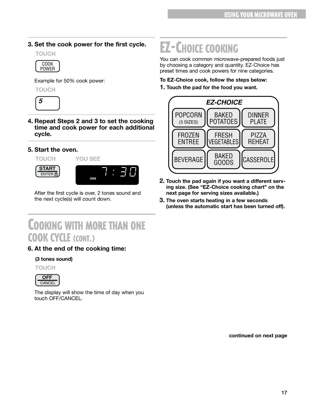 Whirlpool MT1131SG, MT1130SG, MT1151SG installation instructions Cooking with More than ONE Cook Cycle, EZ-CHOICE Cooking 