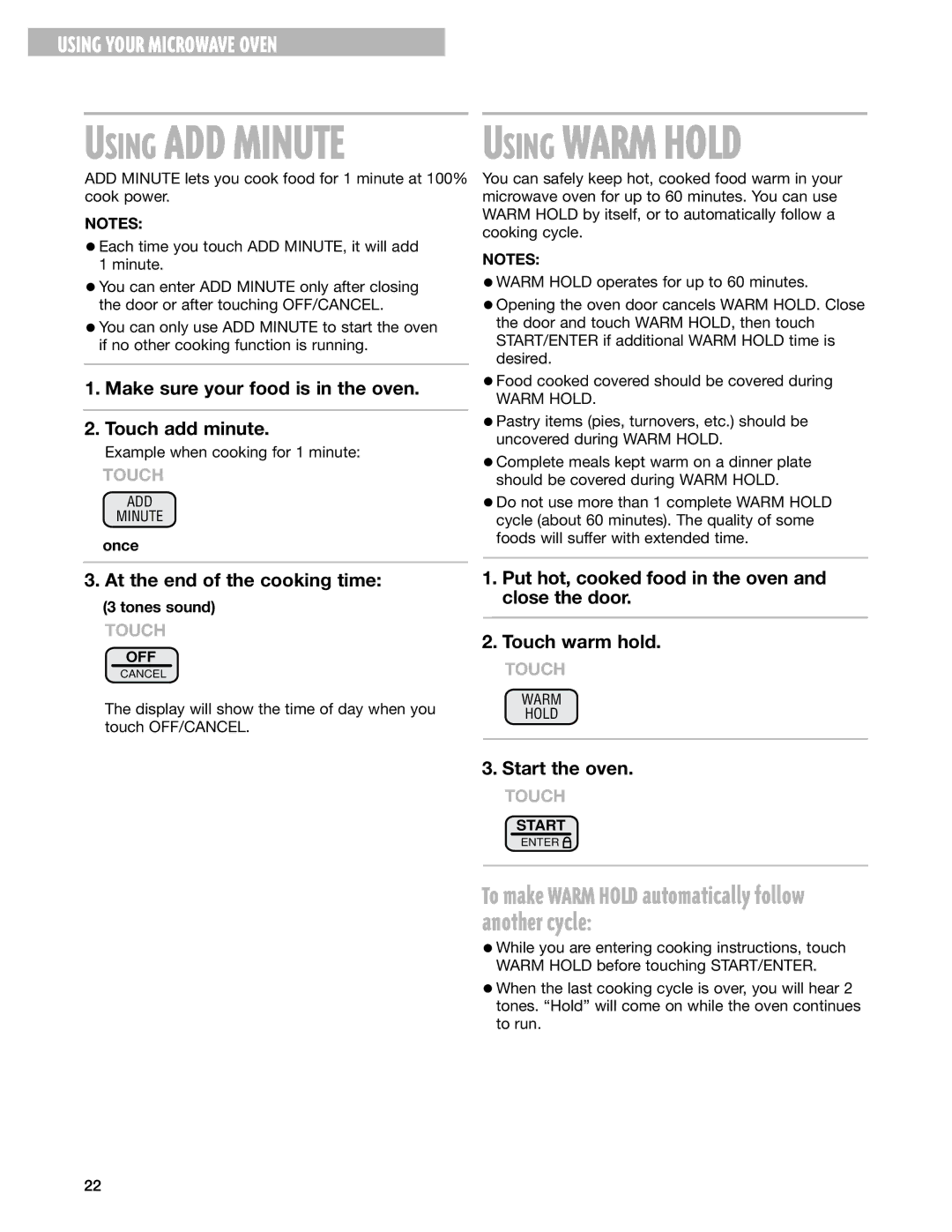 Whirlpool MT1151SG, MT1130SG, MT1131SG installation instructions Using Warm Hold 