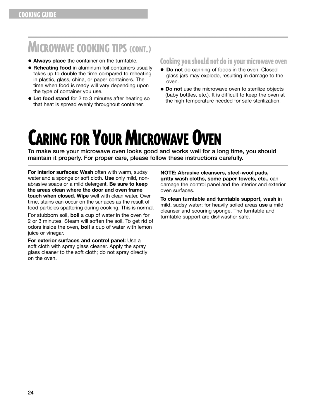 Whirlpool MT1130SG, MT1151SG, MT1131SG installation instructions Caring for Your Microwave Oven 