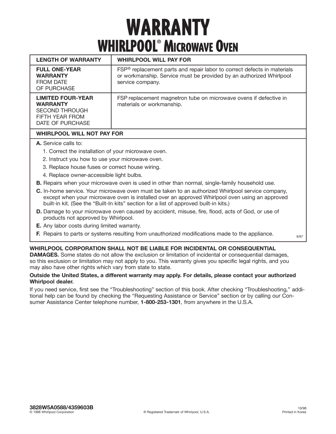 Whirlpool MT1151SG Length of Warranty Whirlpool will PAY for Full ONE-YEAR, Limited FOUR-YEAR, Whirlpool will not PAY for 