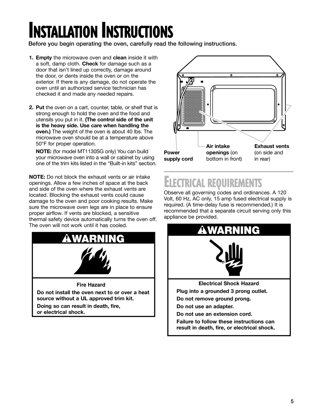 Whirlpool MT1131SG, MT1130SG, MT1151SG installation instructions Installation Instructions 