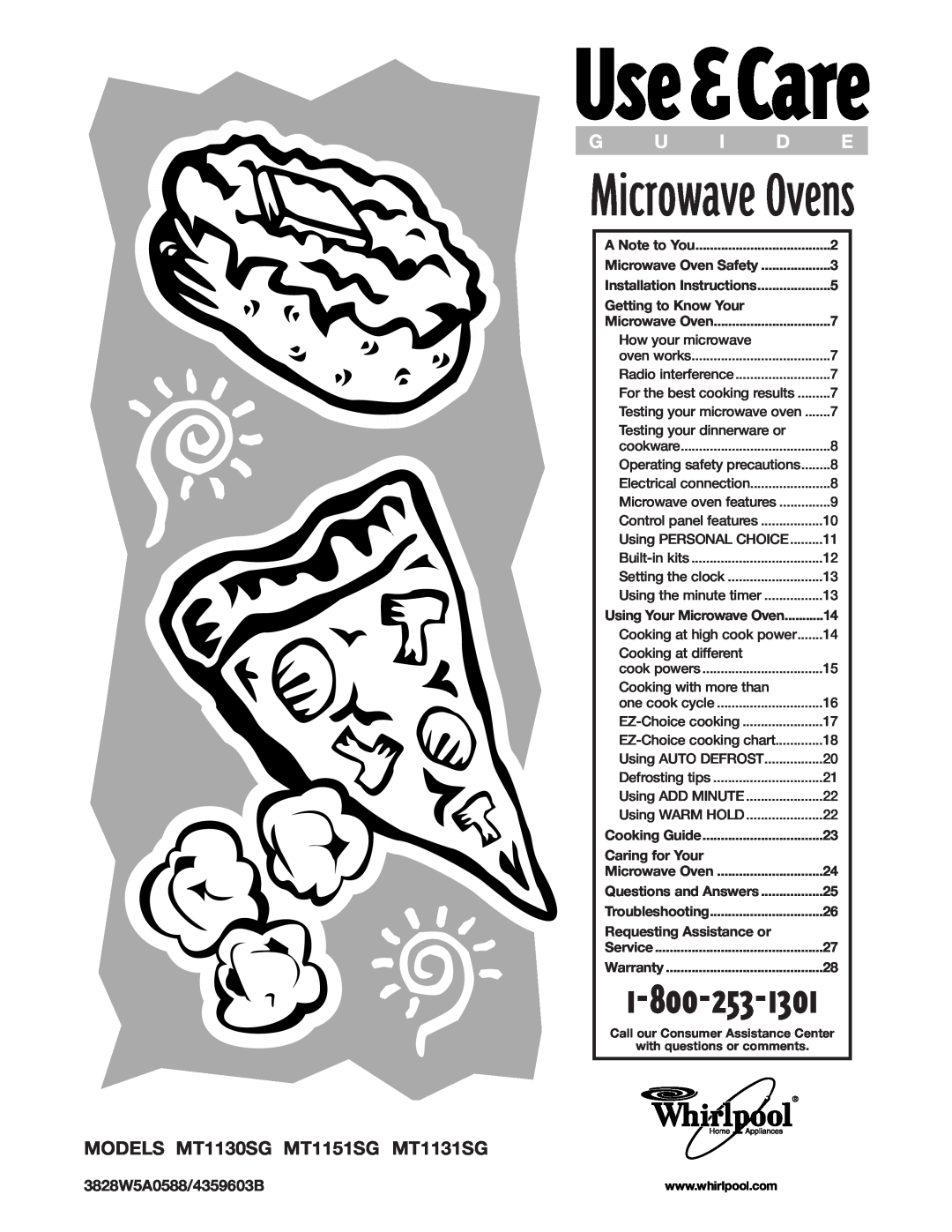 Whirlpool installation instructions Microwave Ovens, MODELS MT1130SG MT1151SG MT1131SG, A Note to You, Cooking Guide 