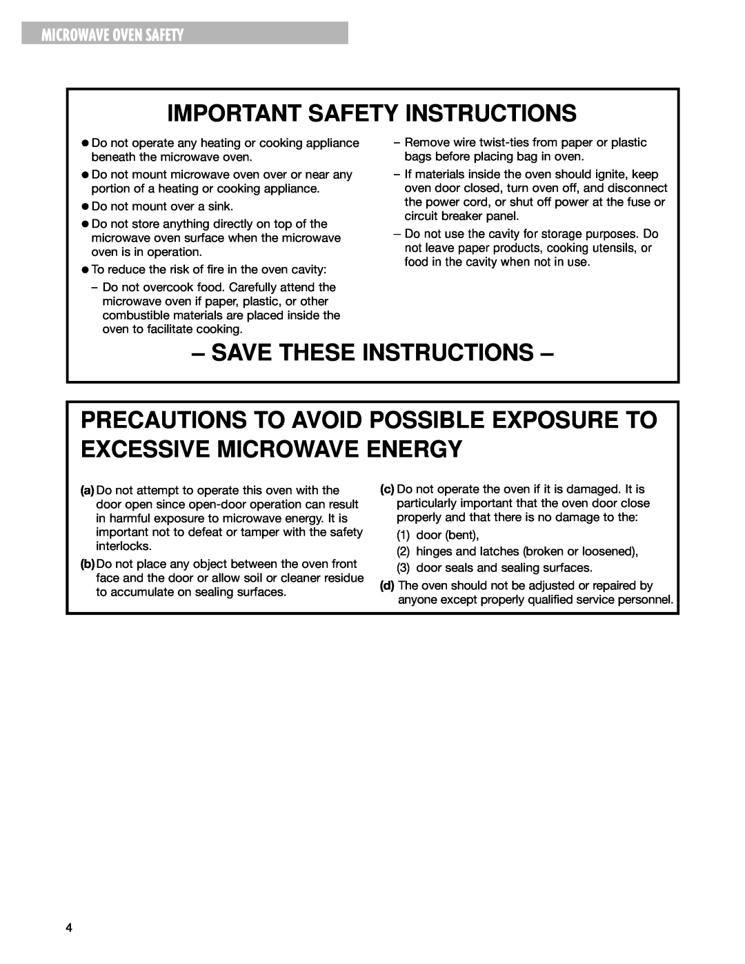 Whirlpool MT1151SG Precautions To Avoid Possible Exposure To Excessive Microwave Energy, Important Safety Instructions 