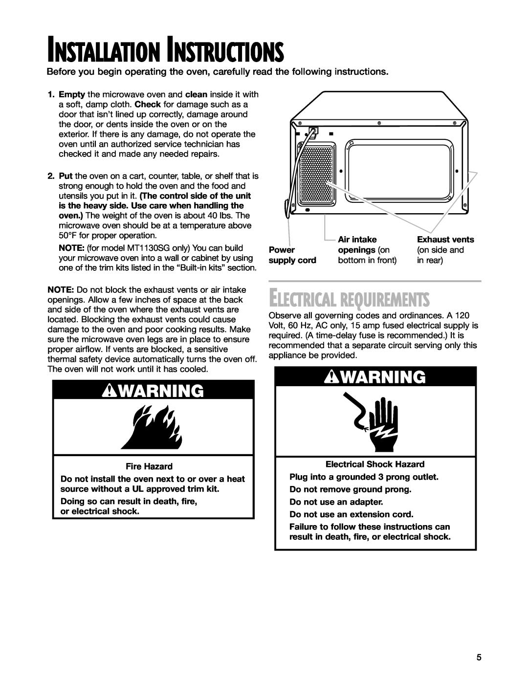 Whirlpool MT1131SG, MT1130SG, MT1151SG installation instructions Electrical Requirements, Installation Instructions, wWARNING 