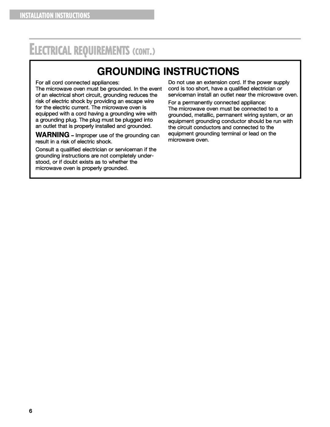 Whirlpool MT1130SG, MT1151SG, MT1131SG Electrical Requirements Cont, Grounding Instructions, Installation Instructions 