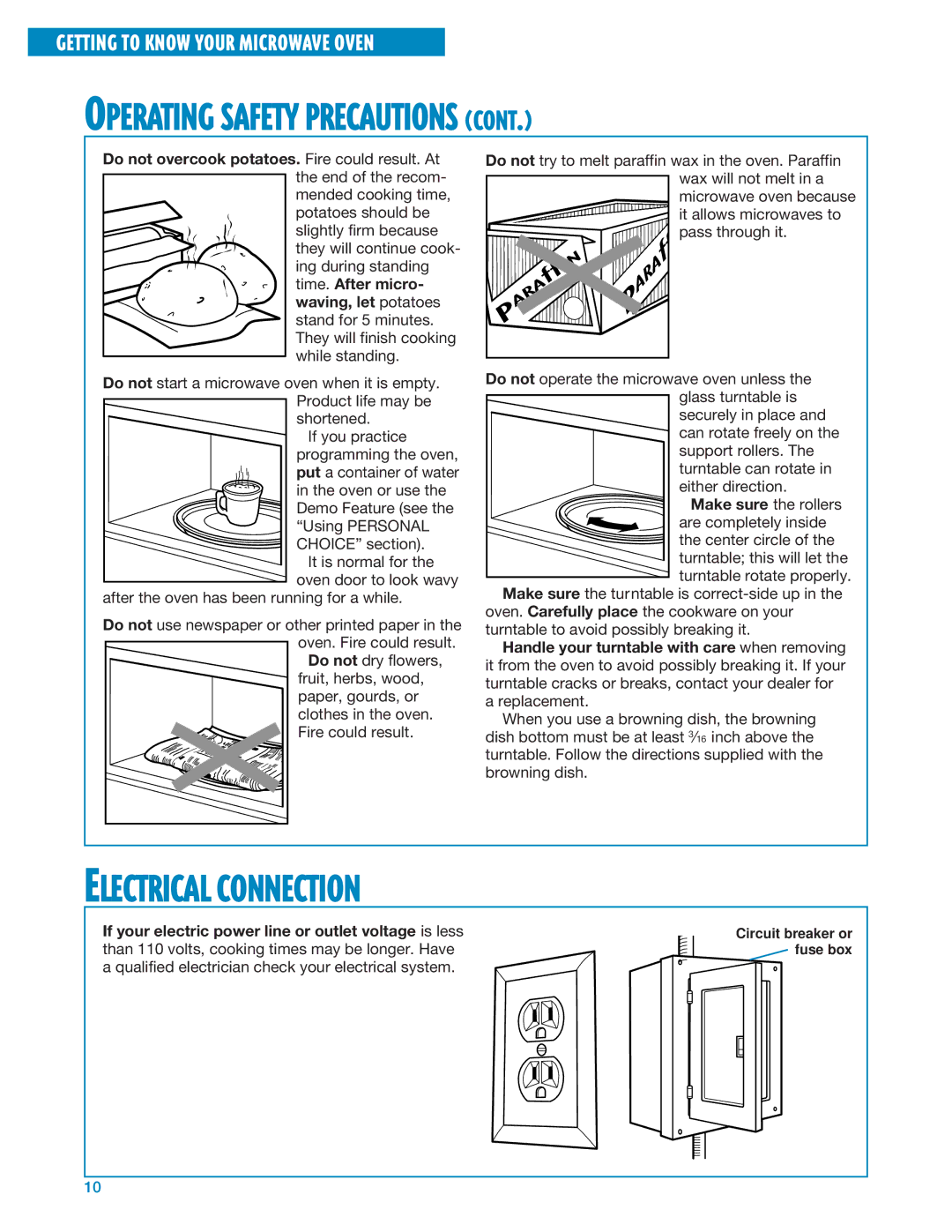 Whirlpool MT1135SG, MT1195SG installation instructions Electrical Connection, Operating Safety Precautions 