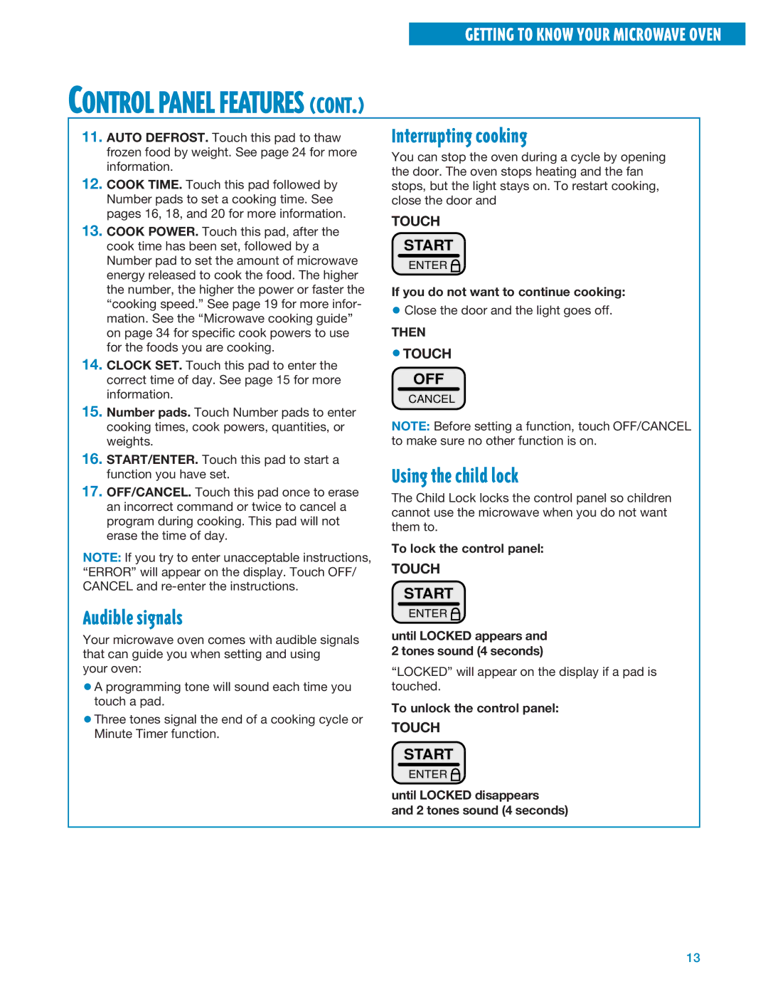 Whirlpool MT1195SG, MT1135SG installation instructions Interrupting cooking, Audible signals, Using the child lock, Then 