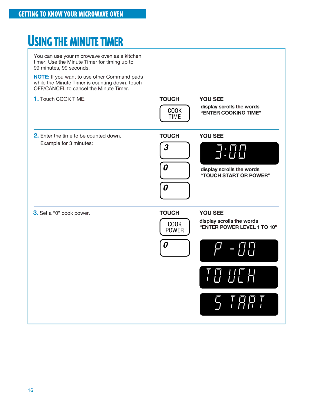 Whirlpool MT1135SG, MT1195SG Using the Minute Timer, Enter Cooking Time, Touch Start or Power, Enter Power Level 1 to 