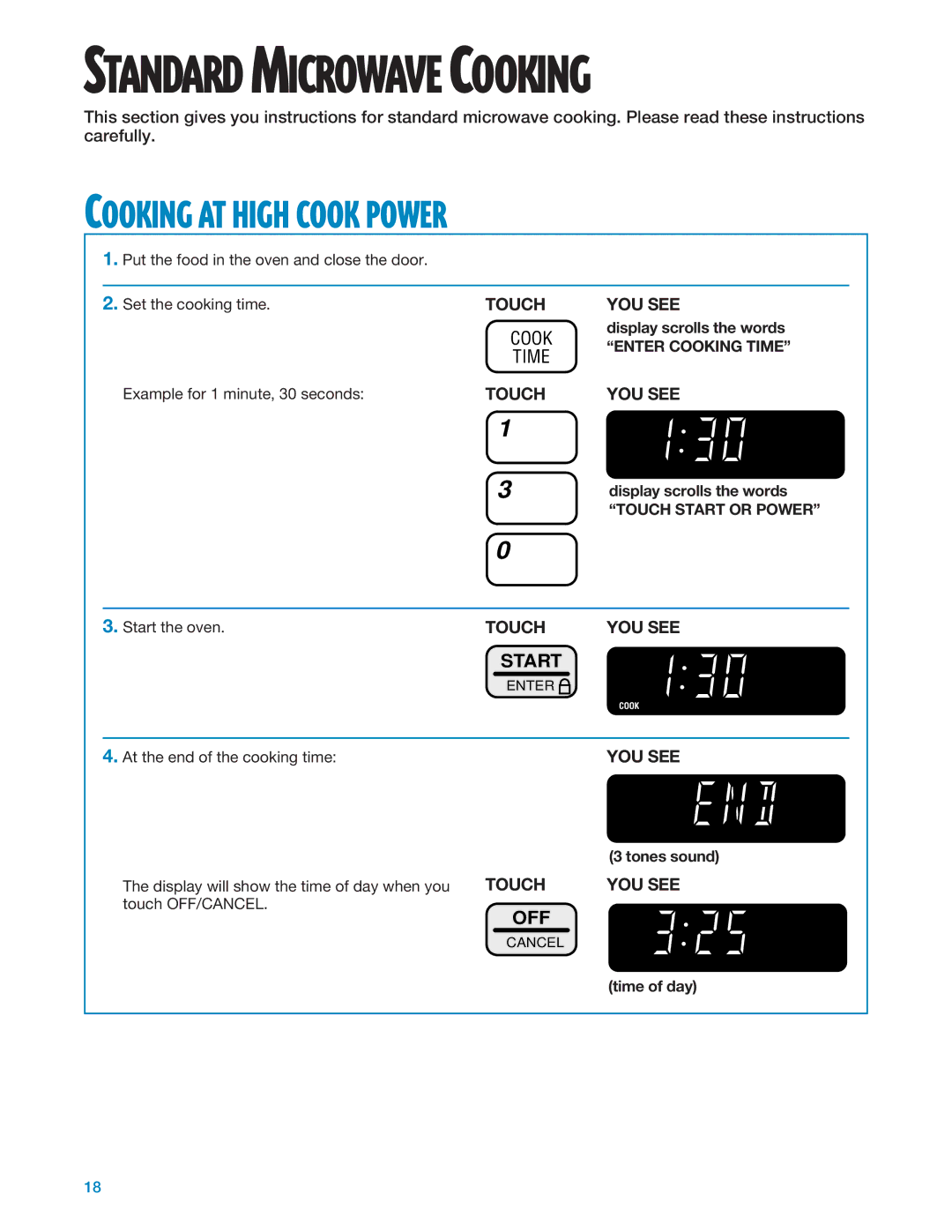 Whirlpool MT1135SG, MT1195SG Cooking AT High Cook Power, Set the cooking time, Example for 1 minute, 30 seconds 