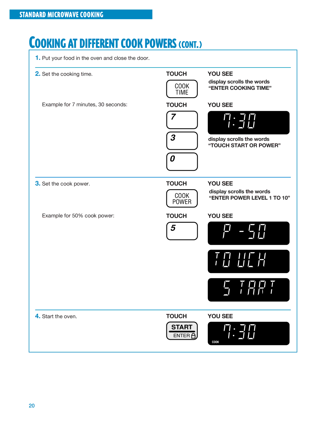 Whirlpool MT1135SG, MT1195SG Example for 7 minutes, 30 seconds, Set the cook power, Example for 50% cook power 