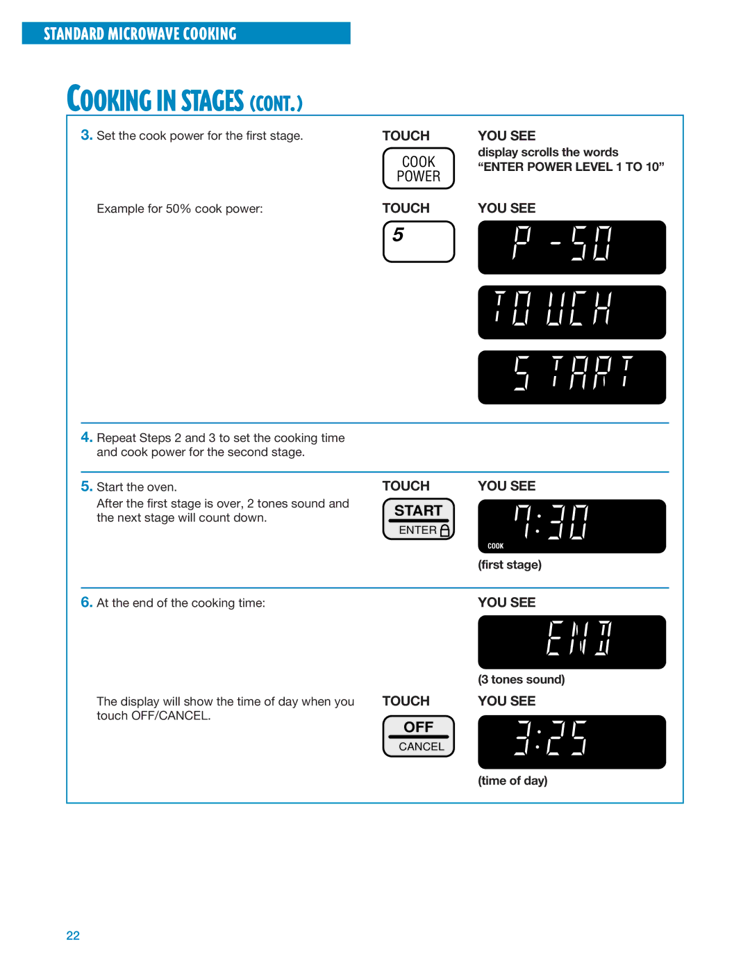 Whirlpool MT1135SG, MT1195SG Set the cook power for the first stage, First stage, At the end of the cooking time 