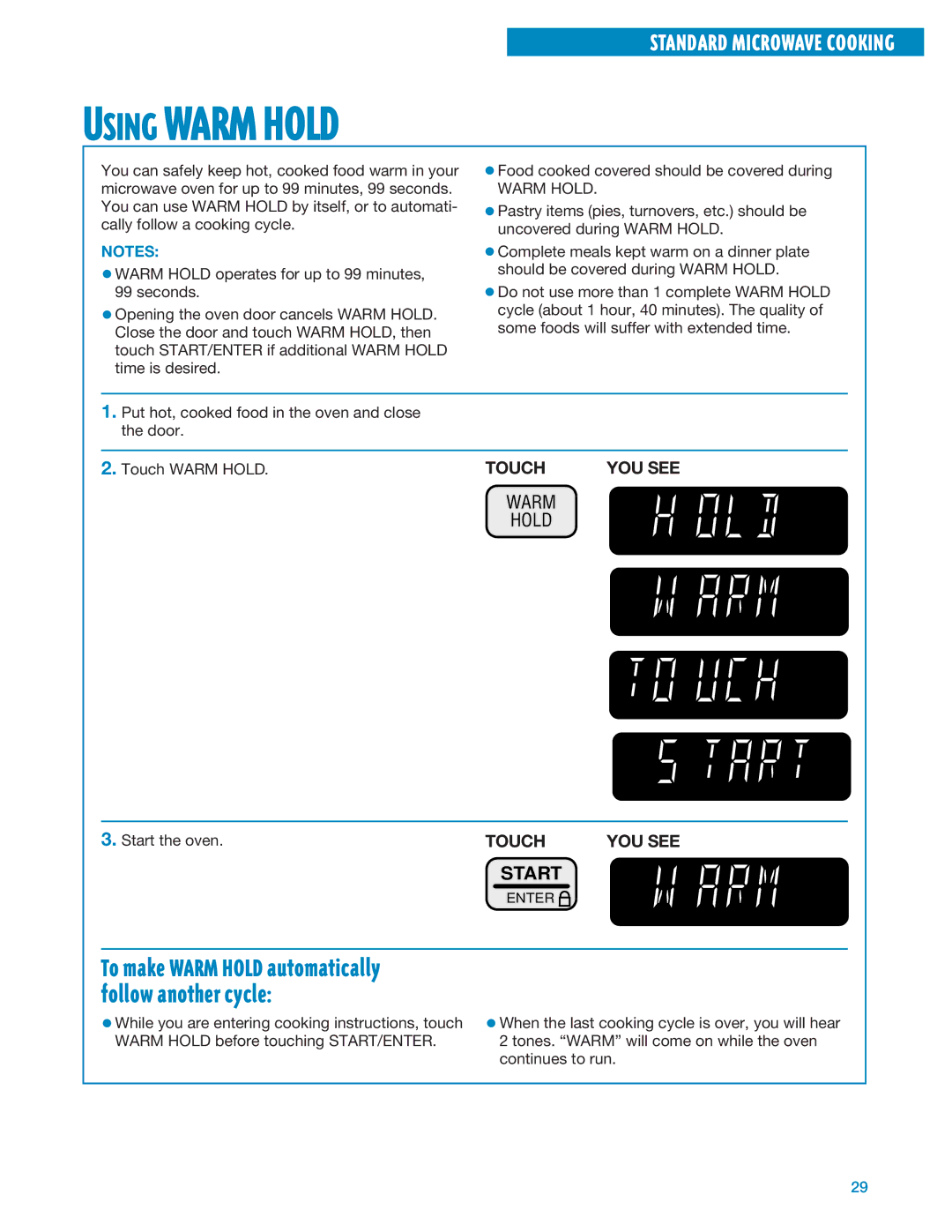 Whirlpool MT1195SG, MT1135SG installation instructions Using Warm Hold 