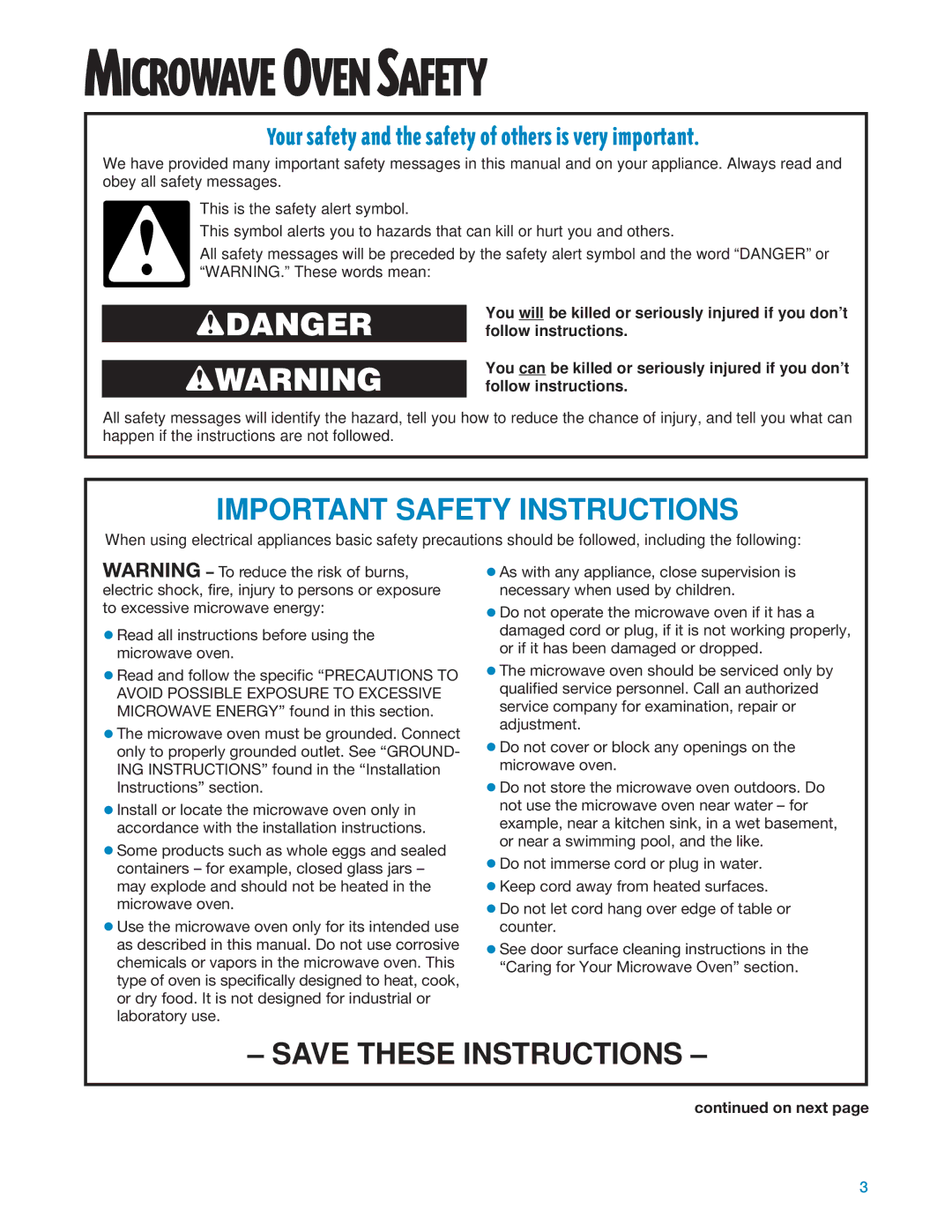 Whirlpool MT1195SG, MT1135SG installation instructions Microwave Oven Safety, On next 