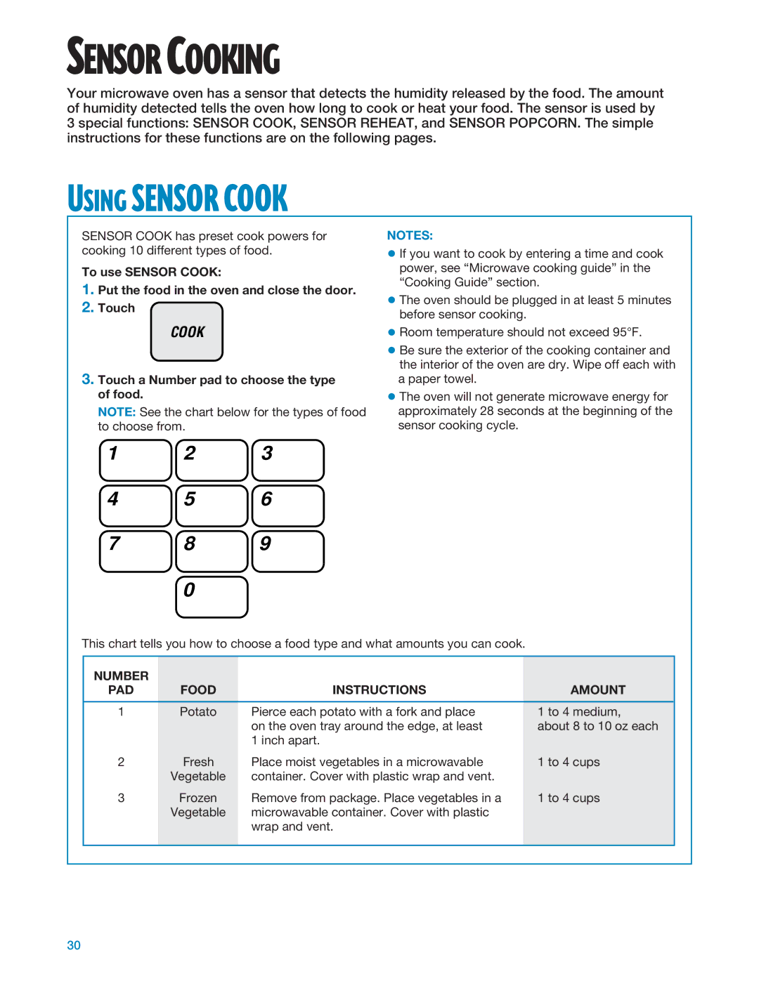 Whirlpool MT1135SG Using Sensor Cook, Touch a Number pad to choose the type of food, Number PAD Food Instructions Amount 