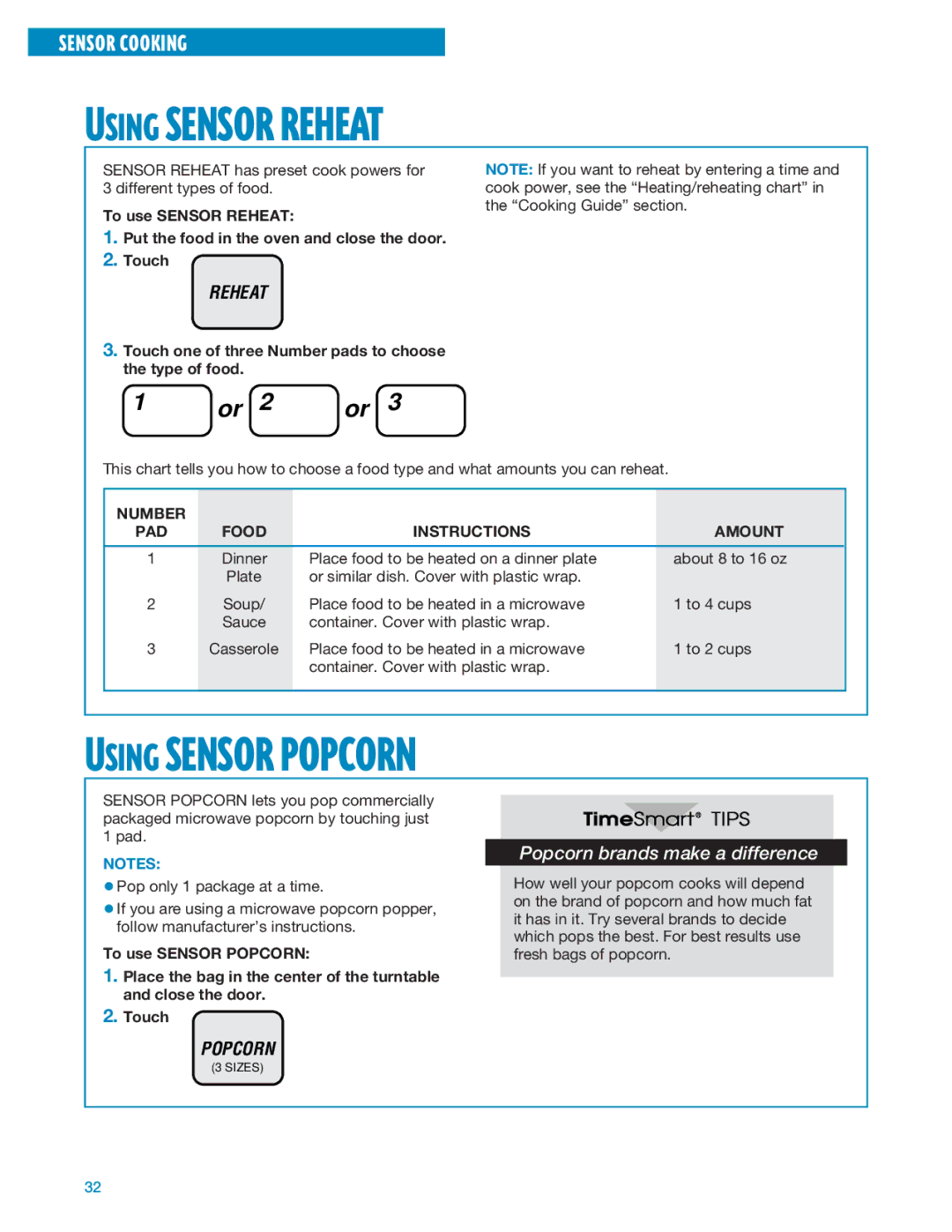 Whirlpool MT1135SG, MT1195SG installation instructions Using Sensor Reheat, Using Sensor Popcorn 