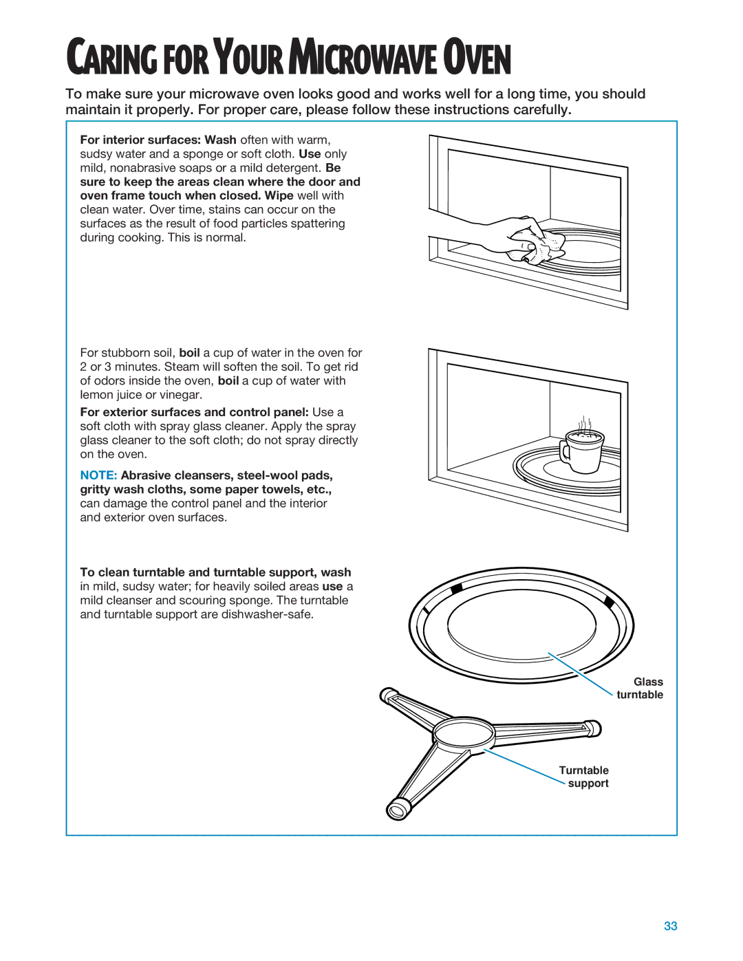 Whirlpool MT1195SG, MT1135SG installation instructions Caring for Your Microwave Oven 