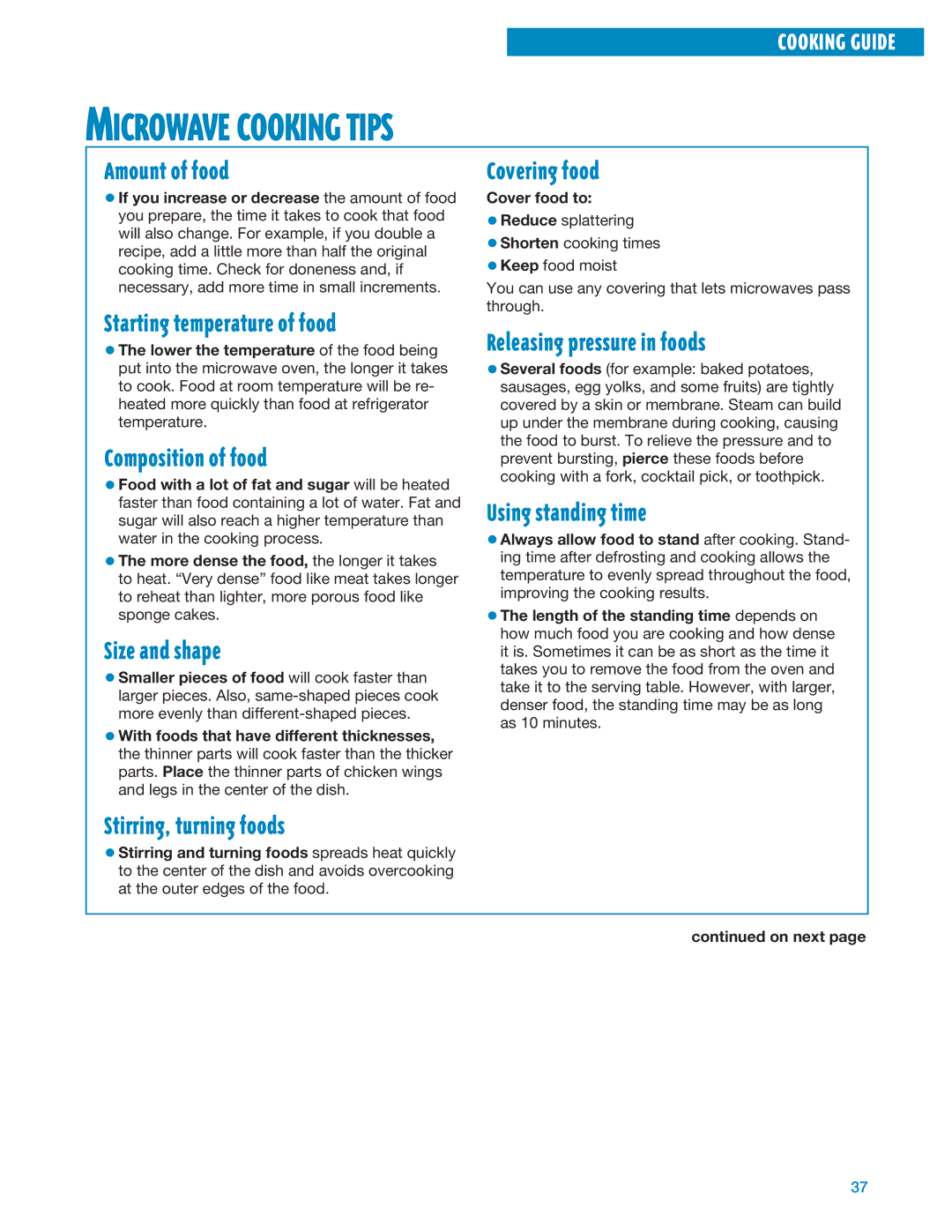 Whirlpool MT1195SG, MT1135SG installation instructions Microwave Cooking Tips 