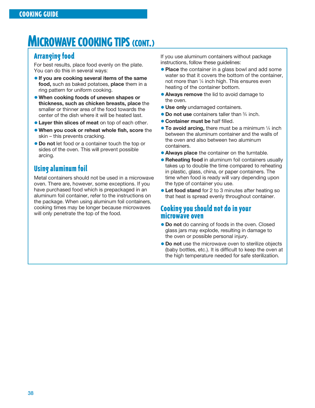 Whirlpool MT1135SG, MT1195SG installation instructions Arranging food, Using aluminum foil, Container must be half filled 