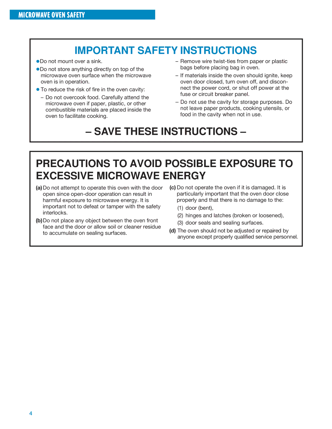 Whirlpool MT1135SG, MT1195SG installation instructions Microwave Oven Safety 