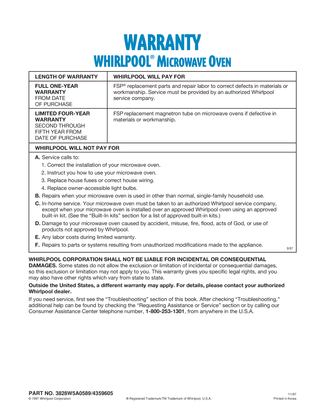 Whirlpool MT1135SG Length of Warranty Whirlpool will PAY for Full ONE-YEAR, Limited FOUR-YEAR, Whirlpool will not PAY for 