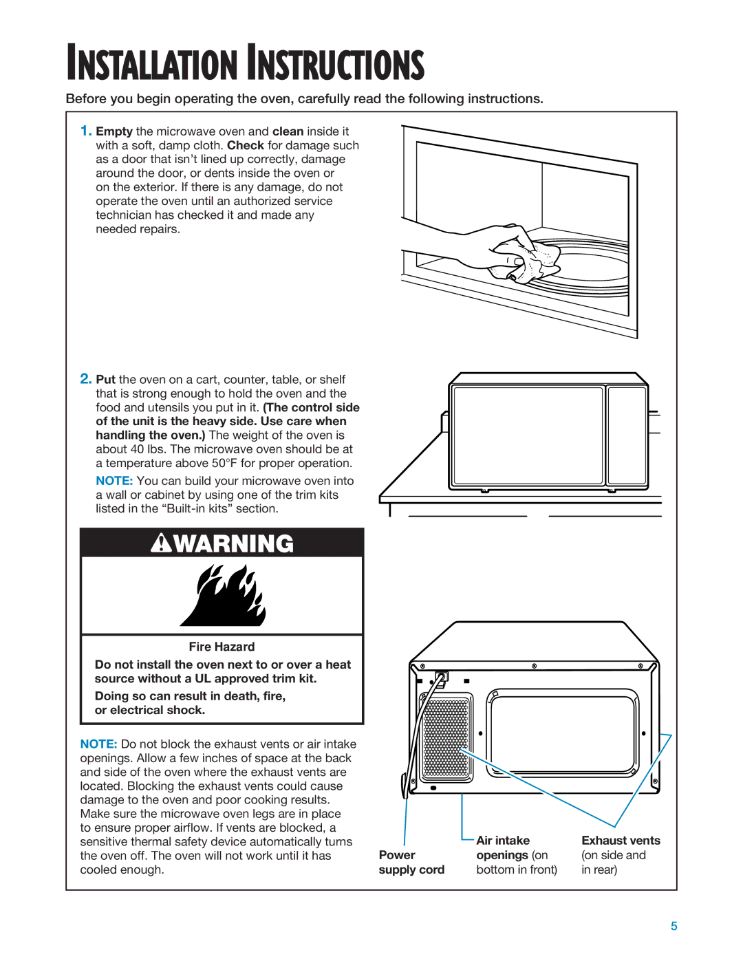 Whirlpool MT1195SG, MT1135SG installation instructions Air intake, Power Openings on, Supply cord 