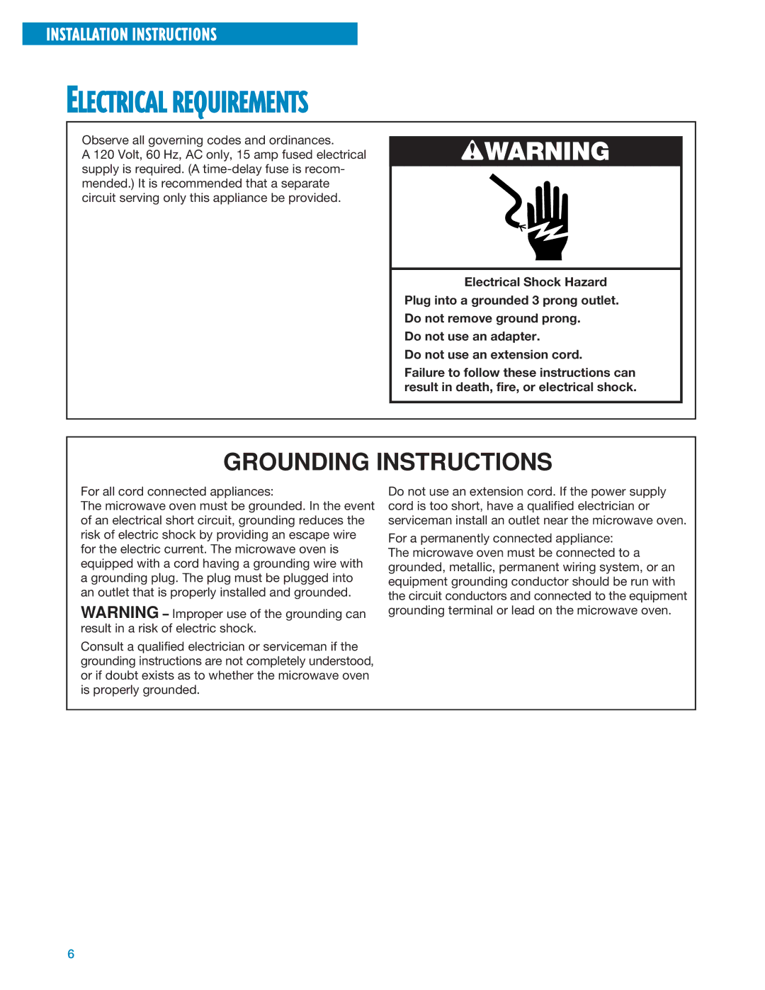 Whirlpool MT1135SG, MT1195SG installation instructions Electrical Requirements, Grounding Instructions 