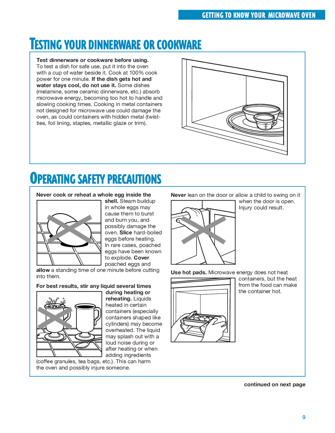 Whirlpool MT1195SG, MT1135SG installation instructions Operating Safety Precautions, Testing Your Dinnerware or Cookware 