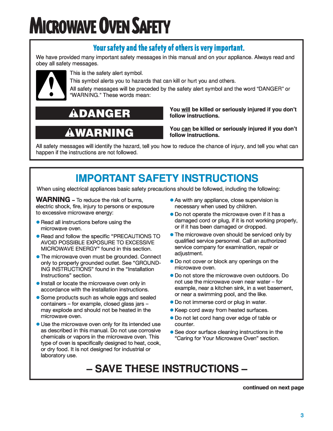 Whirlpool MT1195SG Important Safety Instructions, Save These Instructions, Microwave Oven Safety, wDANGER wWARNING 