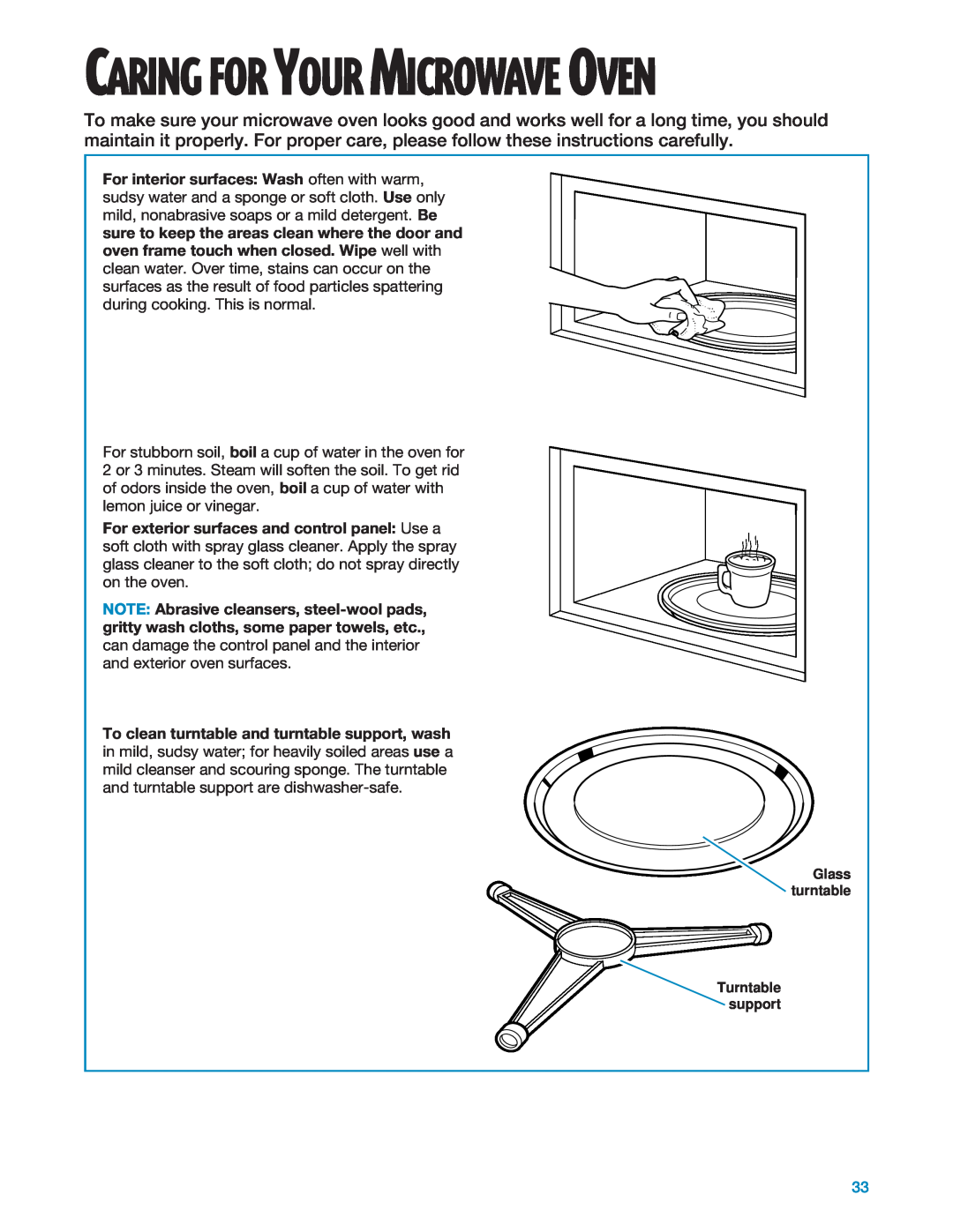 Whirlpool MT1195SG, MT1135SG installation instructions Caring For Your Microwave Oven, Glass turntable Turntable support 