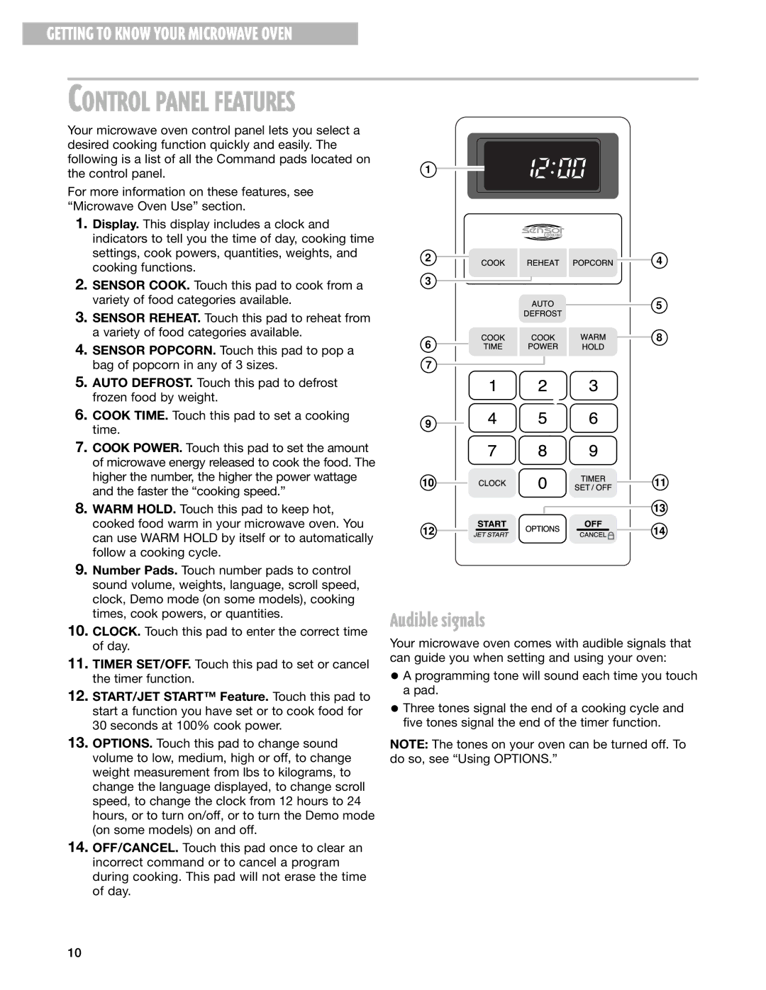 Whirlpool MT1145SL installation instructions Audible signals, Sensor POPCORN. Touch this pad to pop a 