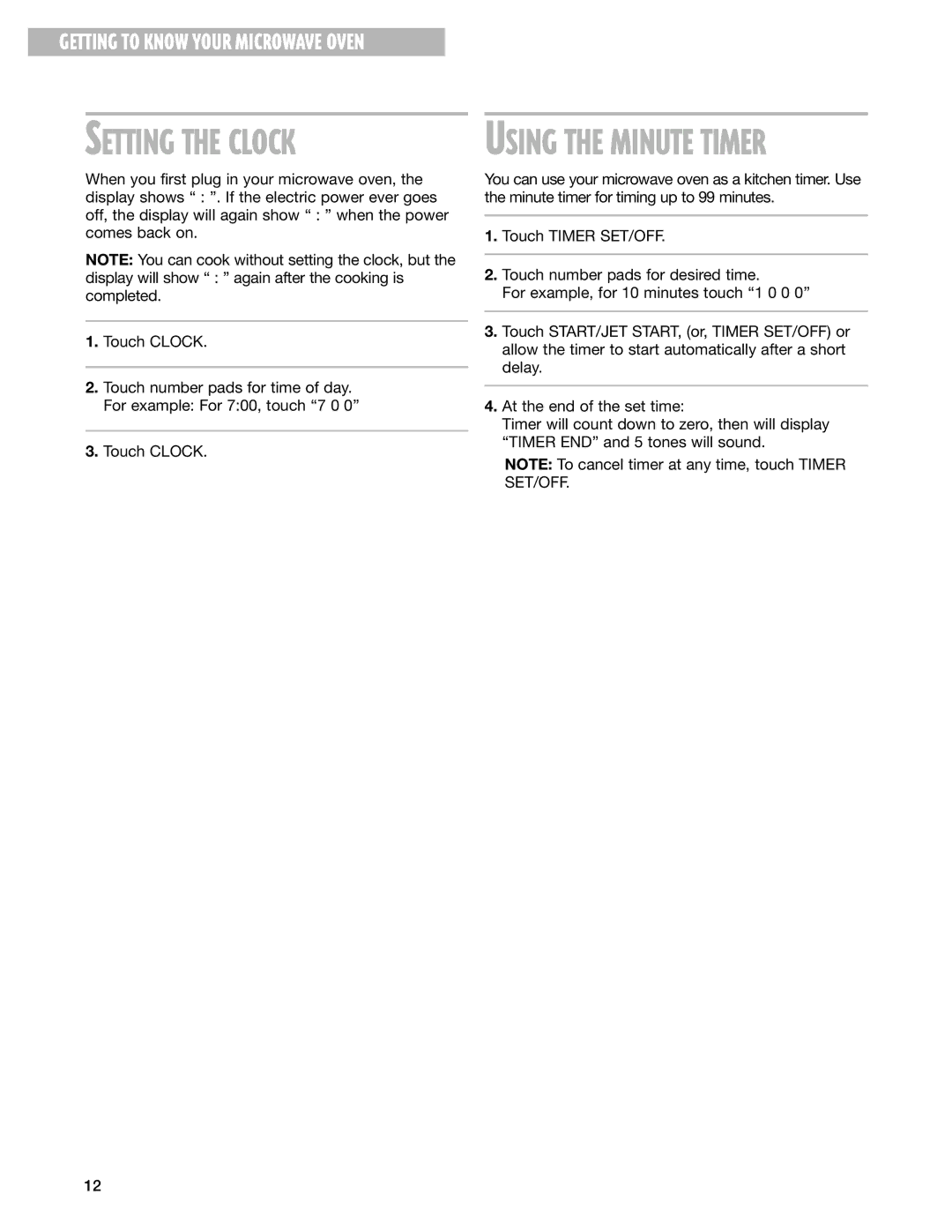 Whirlpool MT1145SL installation instructions Setting the Clock 