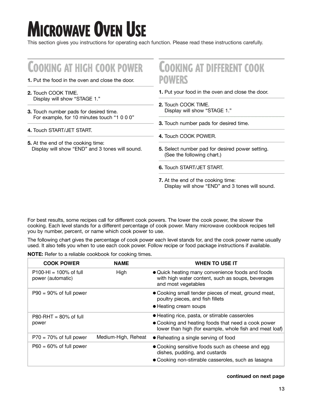 Whirlpool MT1145SL installation instructions Microwave Oven USE, Cooking AT High Cook Power 