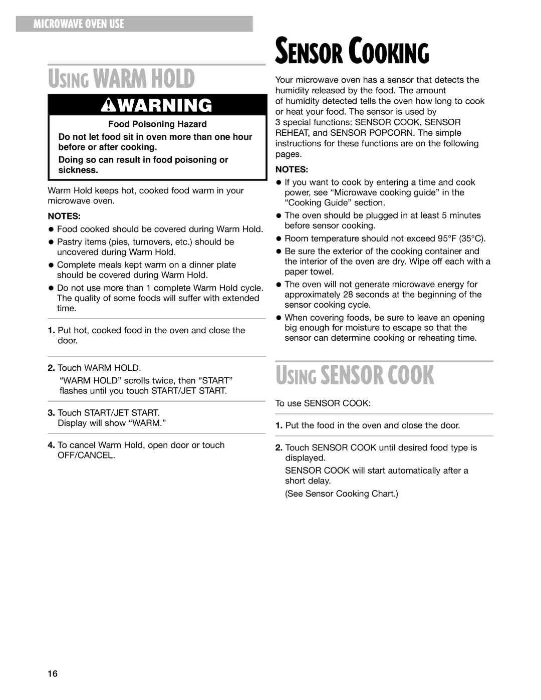 Whirlpool MT1145SL installation instructions Sensor Cooking 