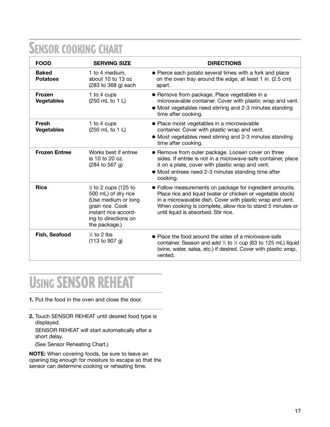 Whirlpool MT1145SL installation instructions Sensor Cooking Chart, Food Serving Size Directions 