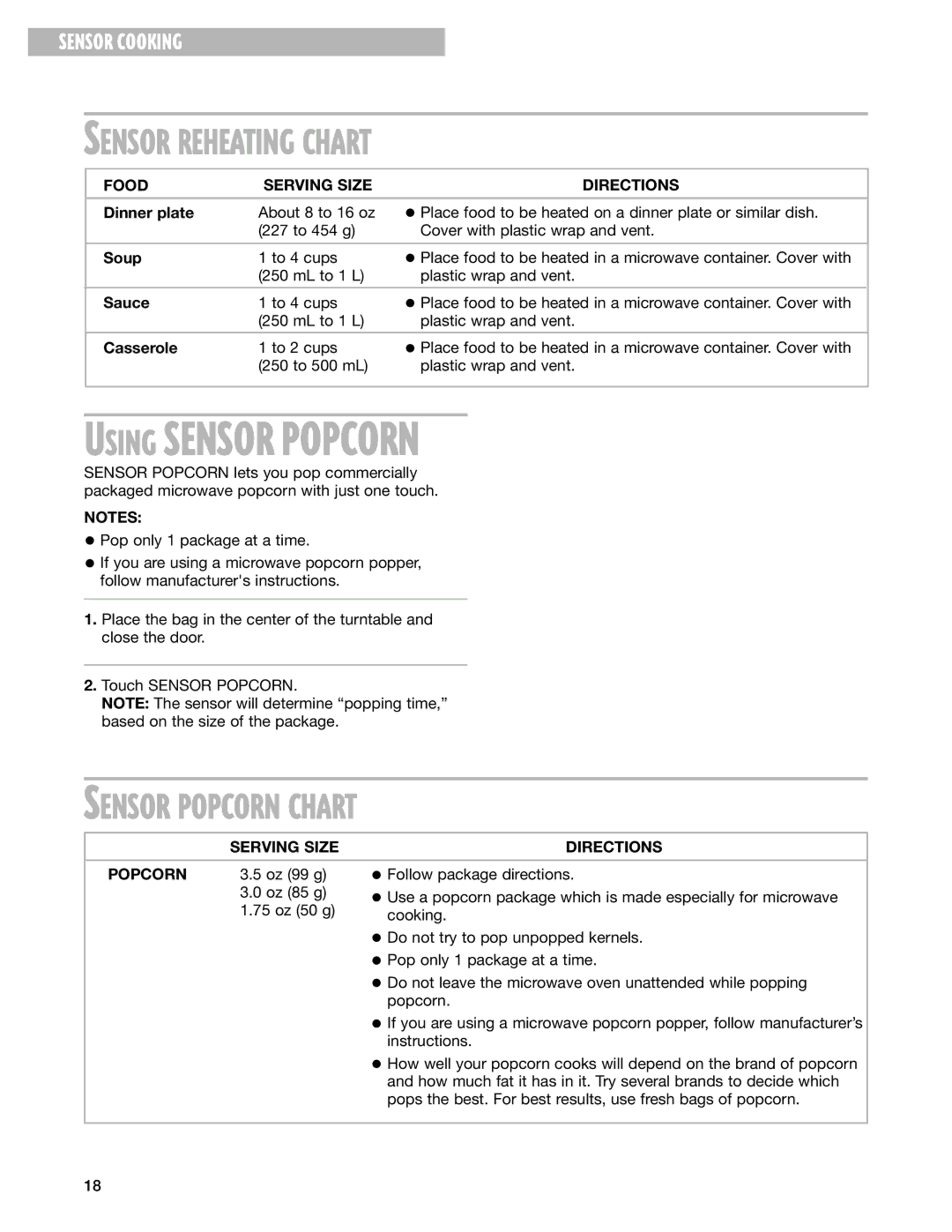 Whirlpool MT1145SL installation instructions Sensor Reheating Chart, Sensor Popcorn Chart, Serving Size Directions Popcorn 