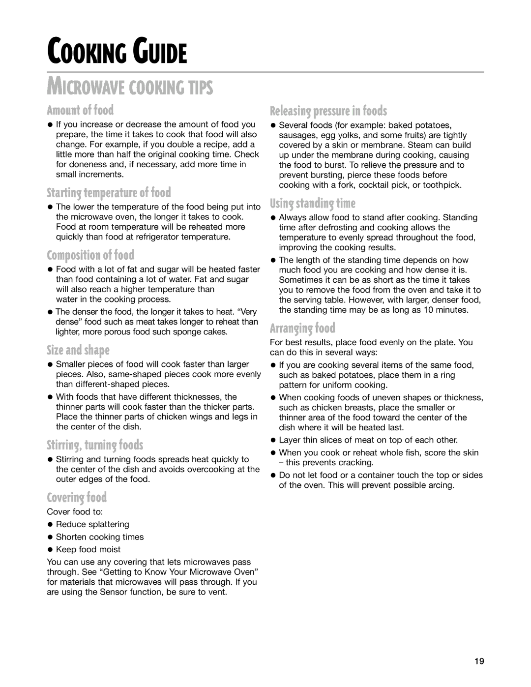 Whirlpool MT1145SL Cooking Guide, Releasing pressure in foods, Using standing time, Arranging food 