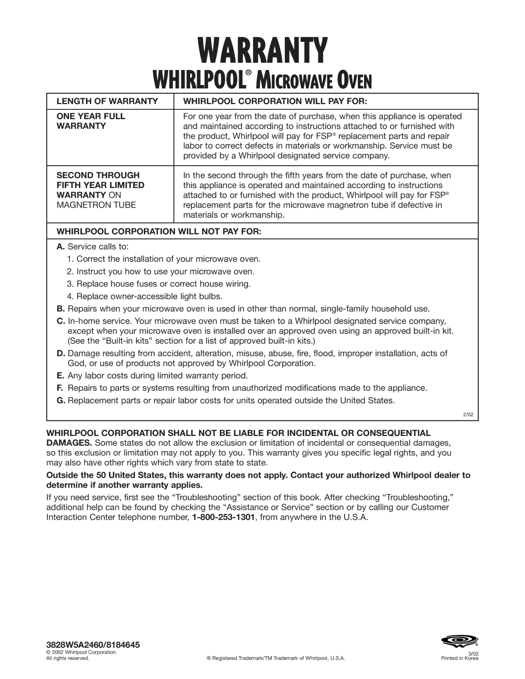 Whirlpool MT1145SL Second Through, Fifth Year Limited, Warranty on, Whirlpool Corporation will not PAY for 