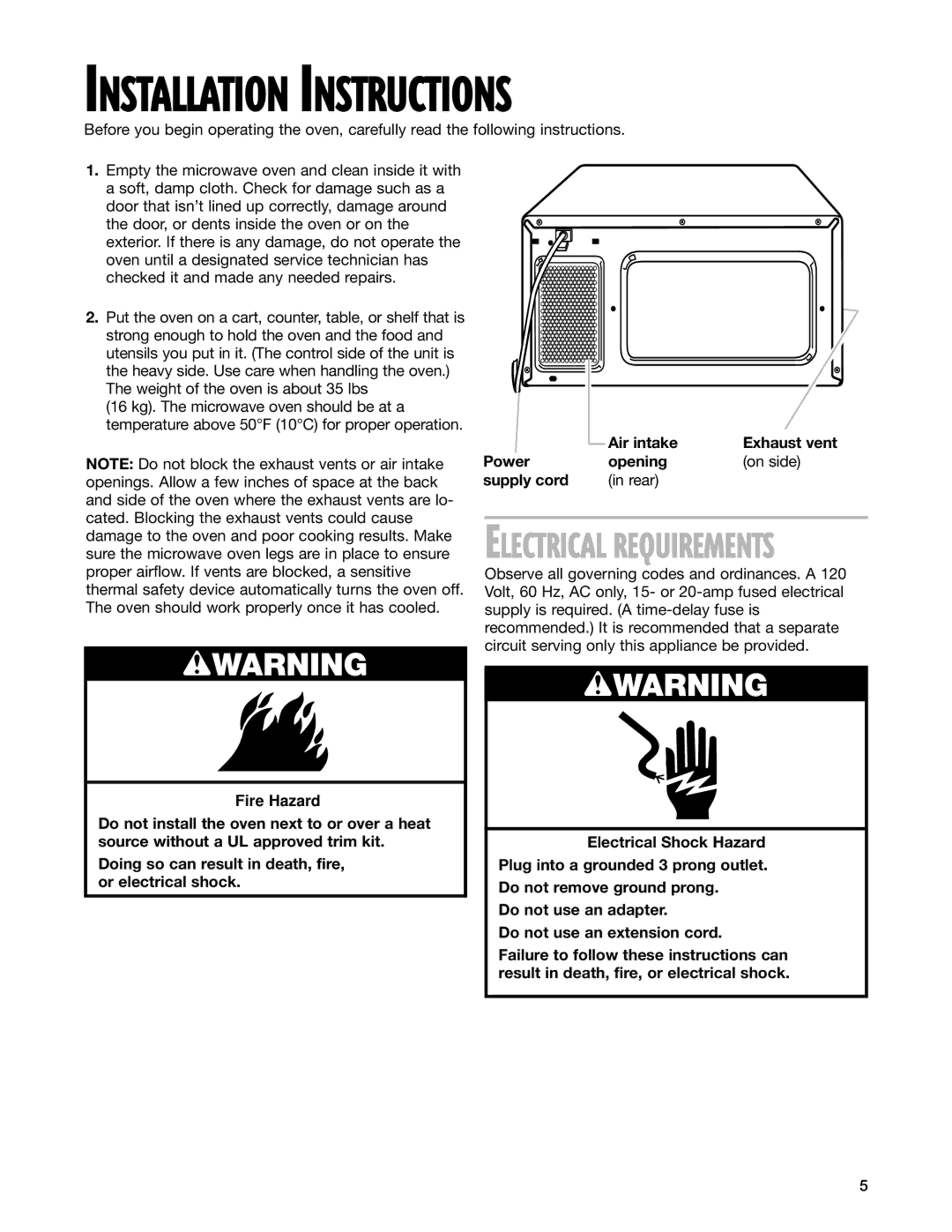 Whirlpool MT1145SL installation instructions Air intake Exhaust vent Power Opening, Supply cord 