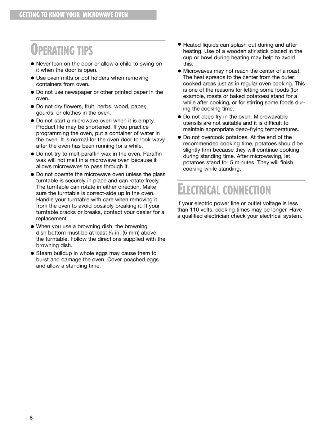 Whirlpool MT1145SL installation instructions Operating Tips, Electrical Connection 