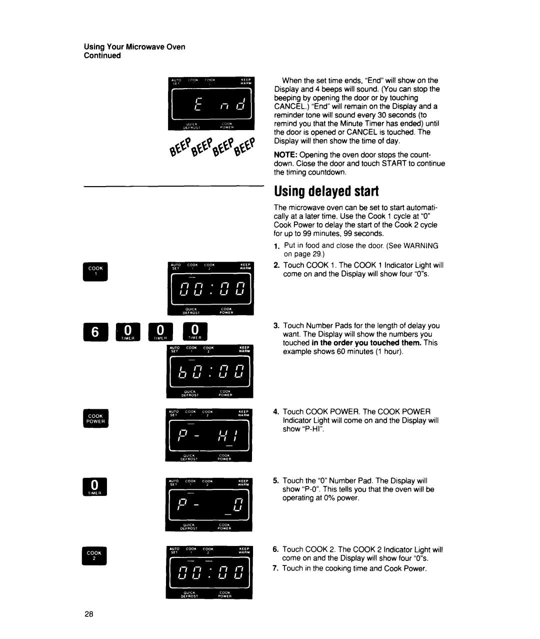 Whirlpool MT1851XW, MT1850XW manual Using delayed start, Touch in the cooking time and Cook Power 