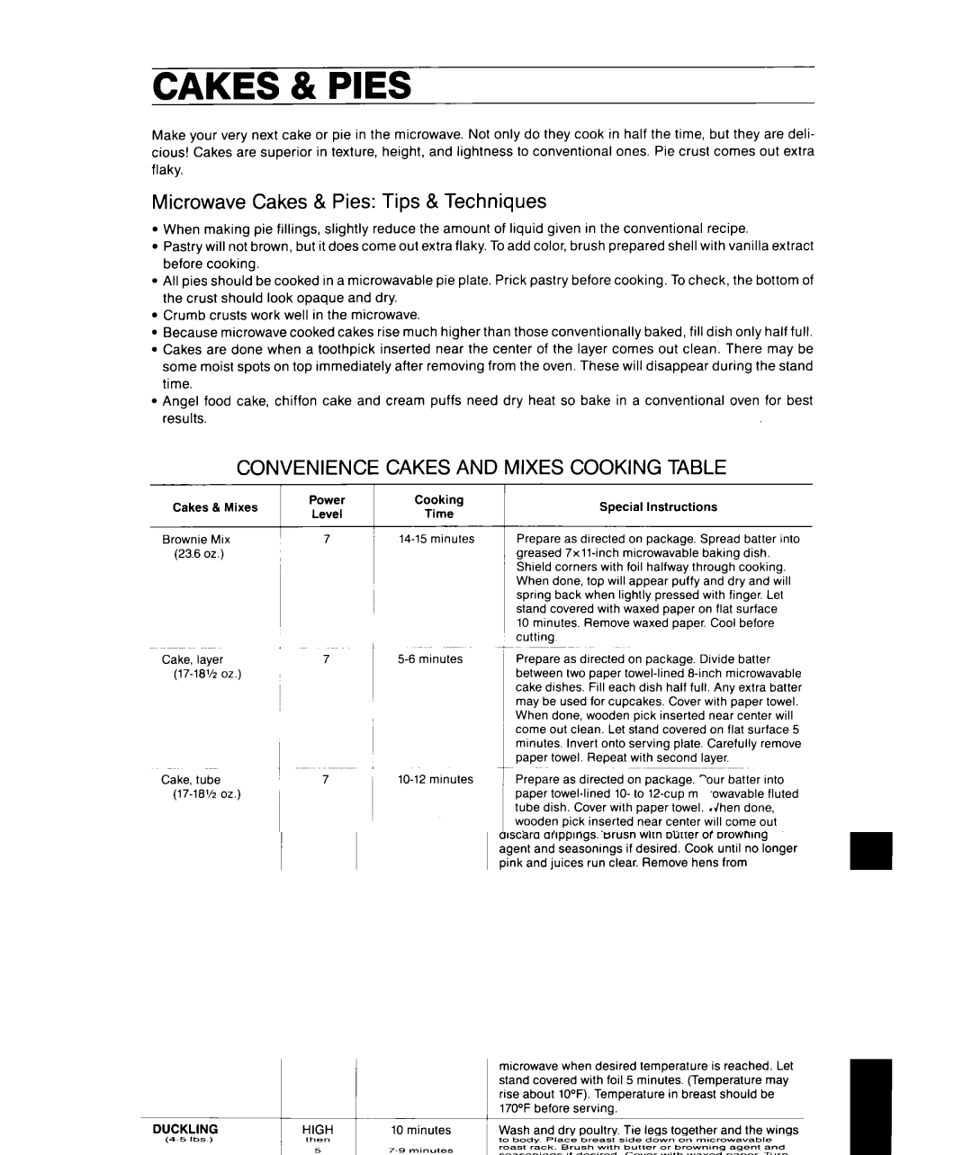 Whirlpool MT1851XW, MT1850XW manual Microwave Cakes & Pies Tips & Techniques, Convenience Cakes and Mixes Cooking Table 