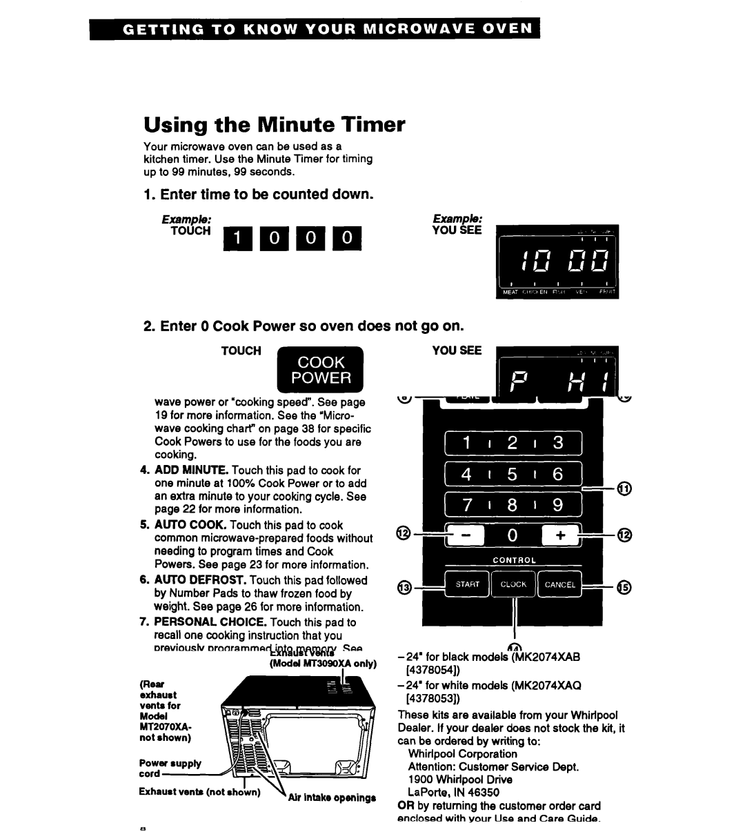 Whirlpool MT2070XAB, MT3090XAQ/B warranty Using the Minute Timer, Touch, YOU see 