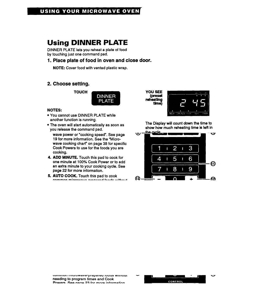 Whirlpool MT2070XAB, MT3090XAQ/B warranty Using Dinner Plate, Place plate of food in oven and close door Choose setting 