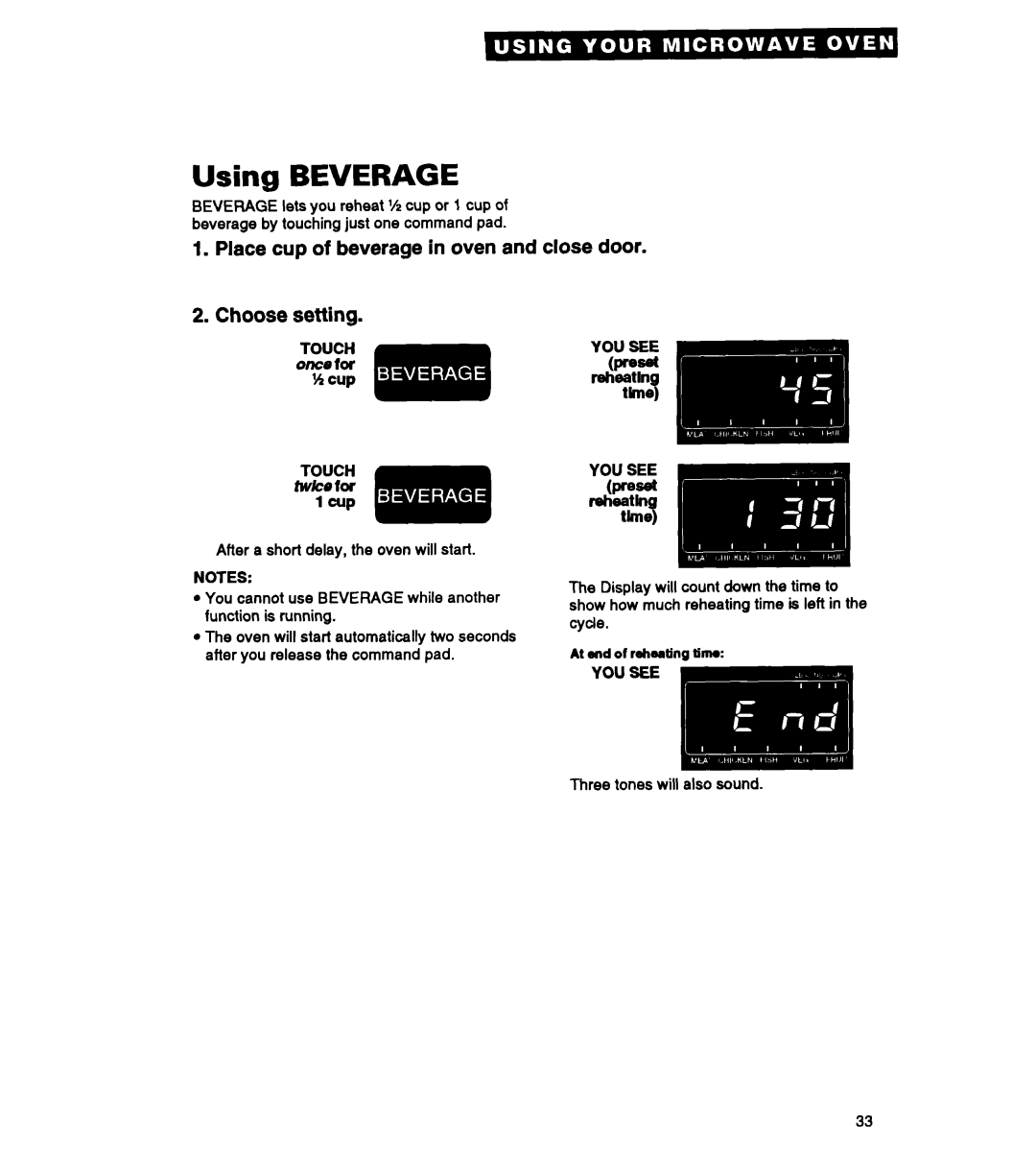 Whirlpool MT3090XAQ/B, MT2070XAB warranty Using Beverage, Place cup of beverage in oven and close door Choose setting 