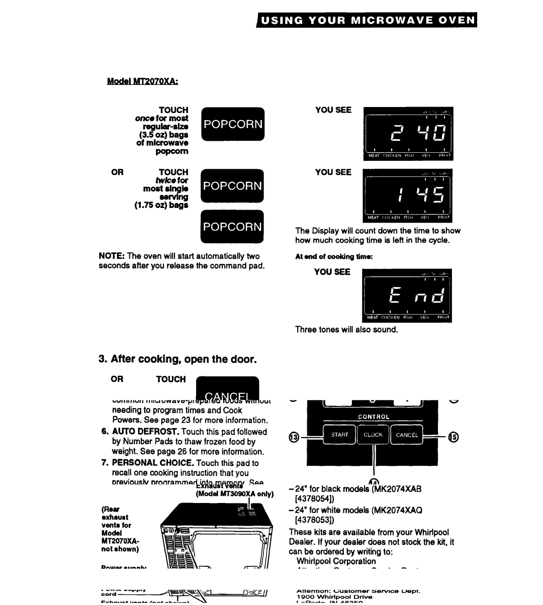 Whirlpool MT3090XAQ/B, MT2070XAB warranty At and of cookhg time 