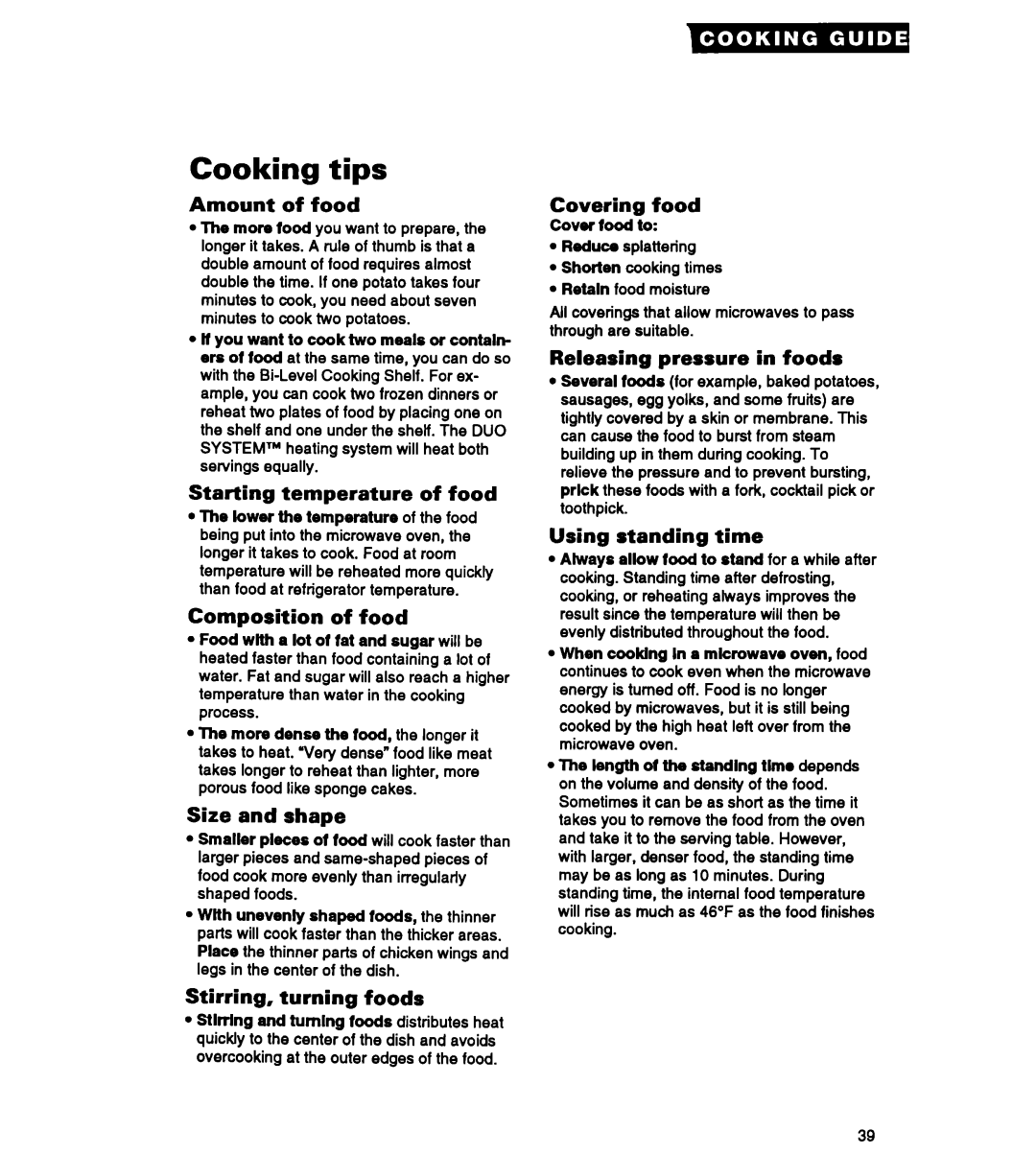 Whirlpool MT3090XAQ/B, MT2070XAB warranty Cooking tips 