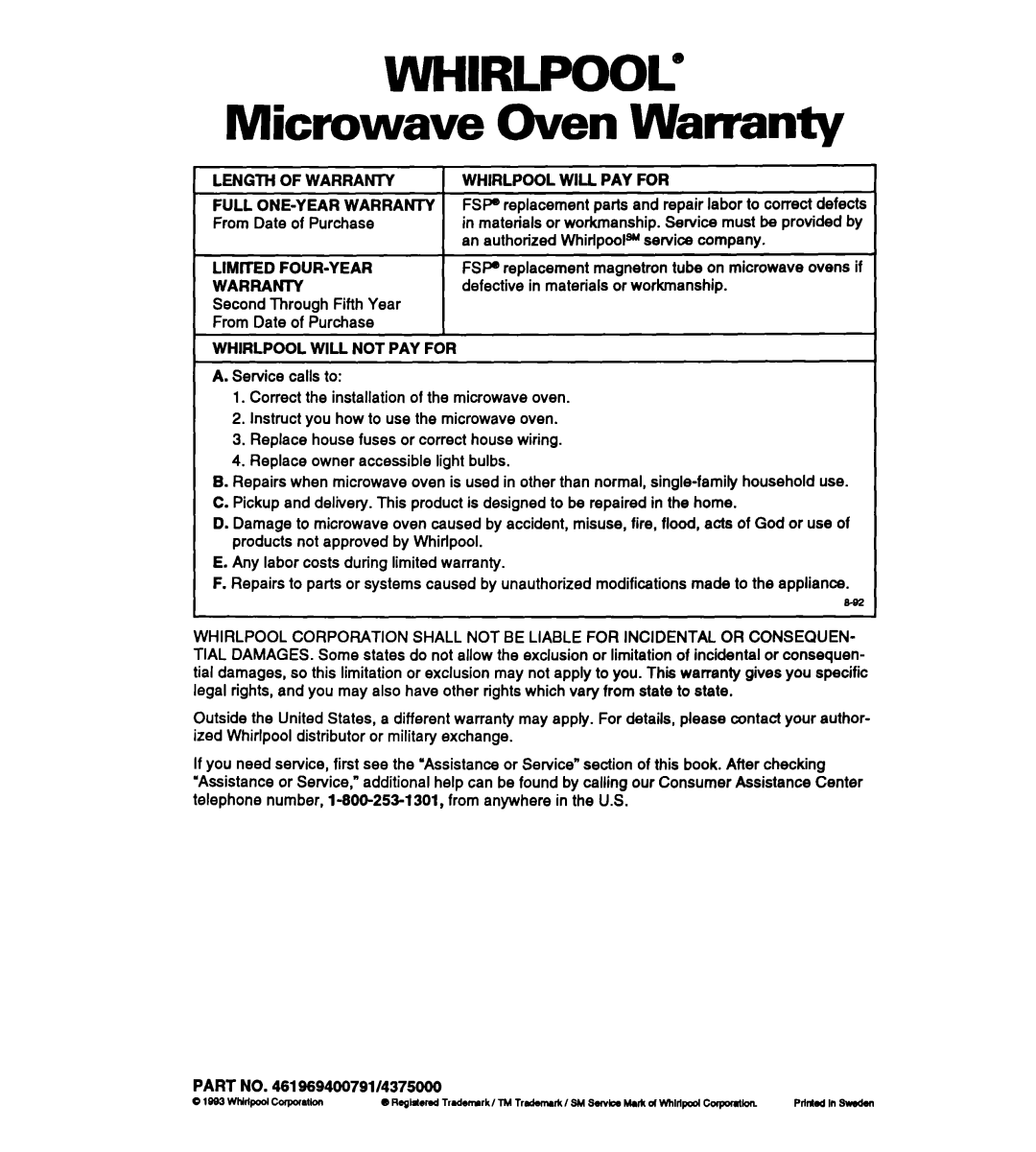 Whirlpool MT2070XAB, MT3090XAQ/B Length of Warranty, Whirlpool will PAY for, Limed FOUR-YEAR, Whirlpool will not PAY for 